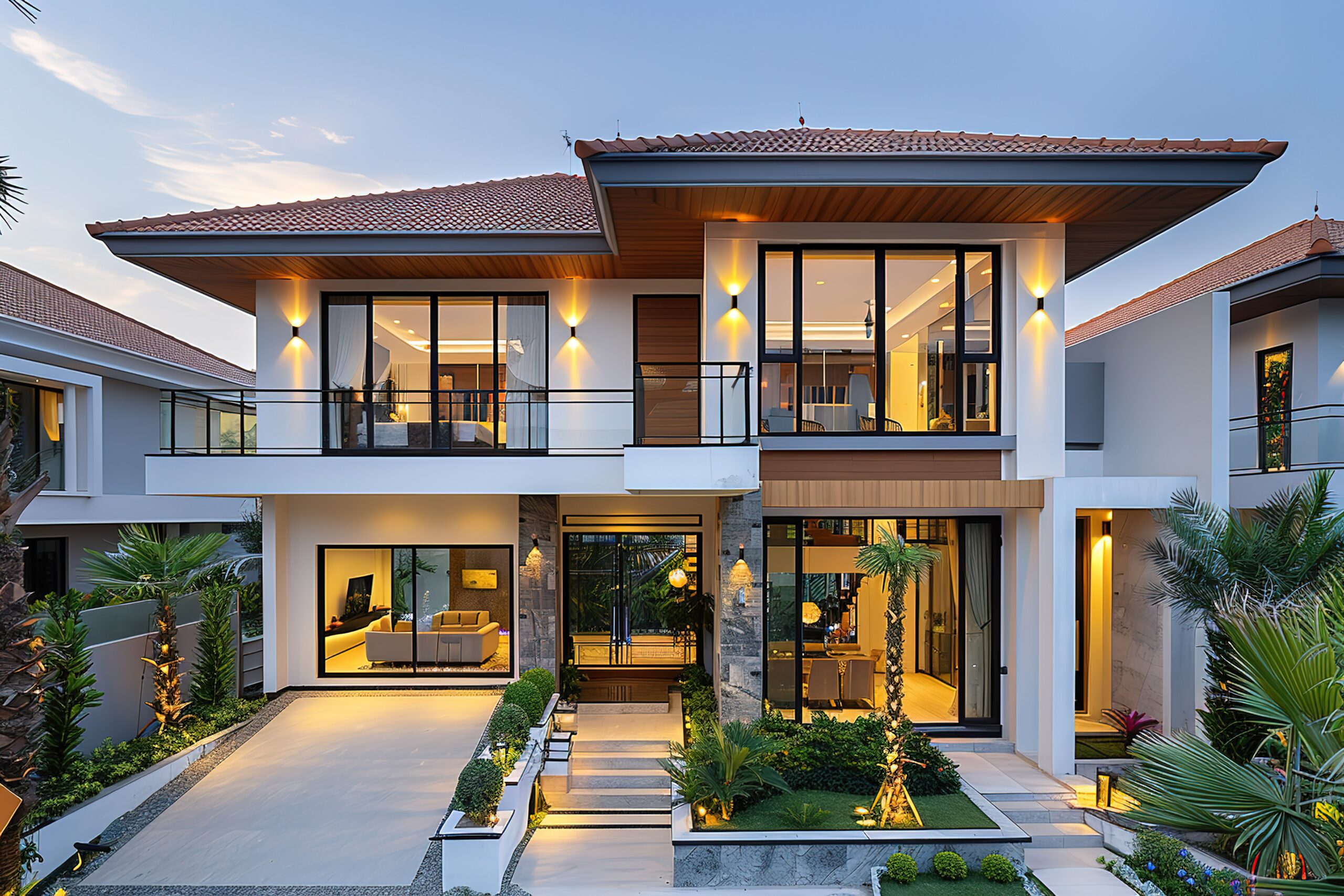 A large house with a white roof and a tan exterior. The house has a large front porch with a large tree in the background. The house is well lit and has a modern design
