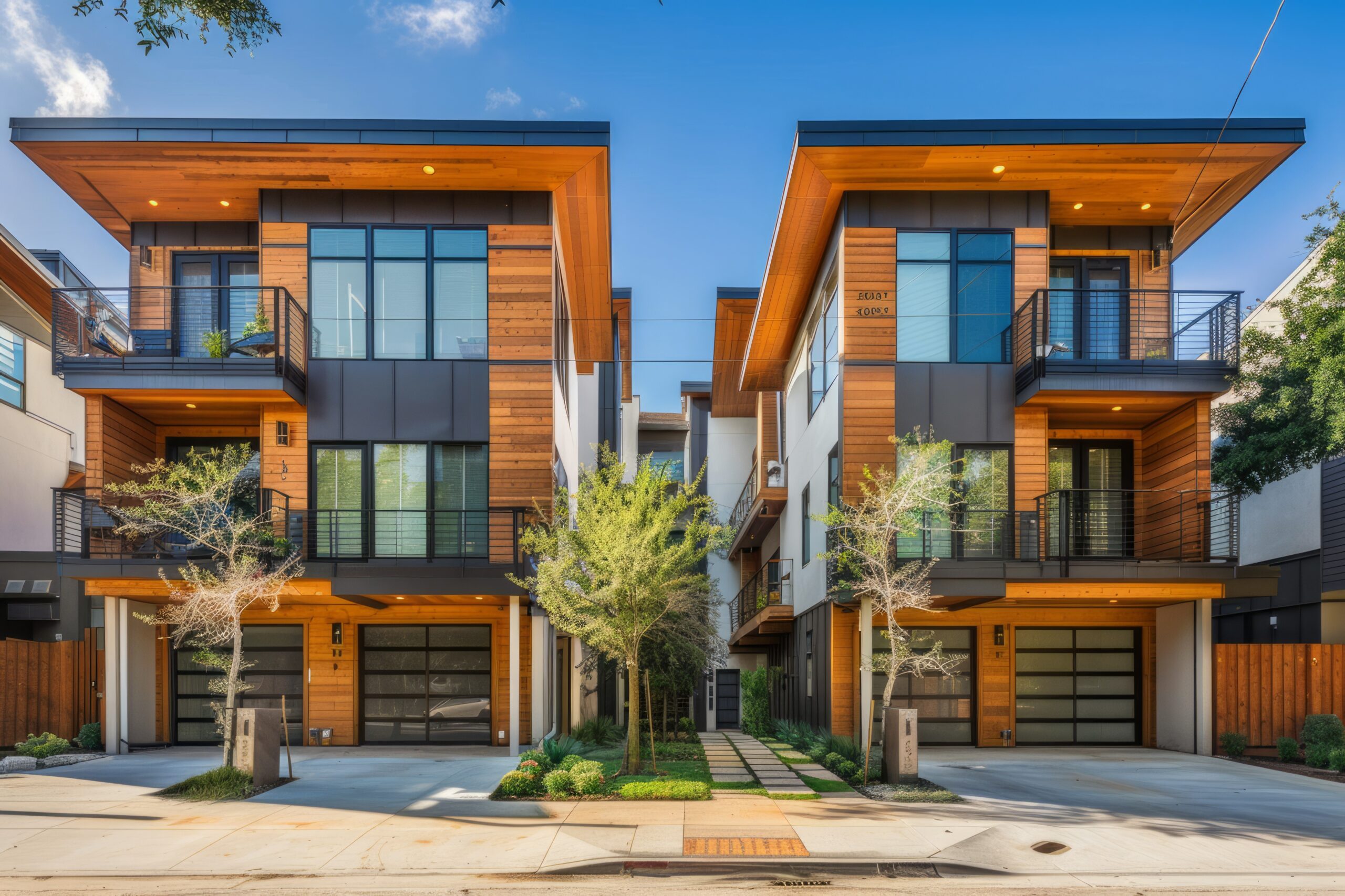 The row of just finished new townhouses, the Concept of buying a house vs renting an apartment. Neural network ai generated art